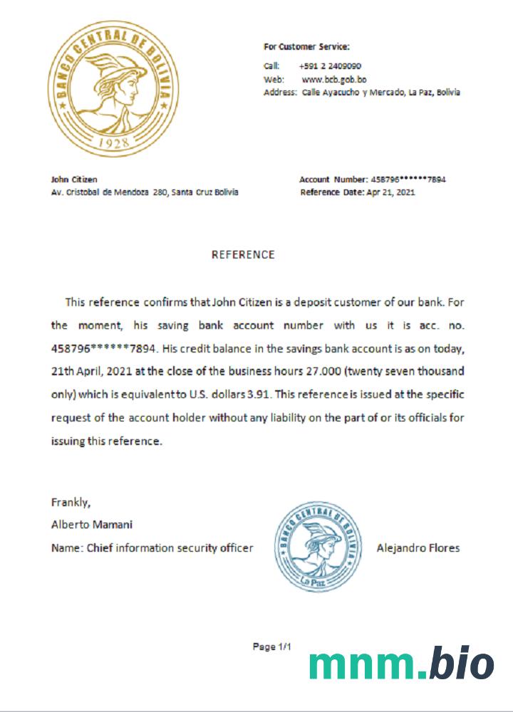 Bolivia Banco Central de Bolivia przykład odniesienia w formatach Word i PDF